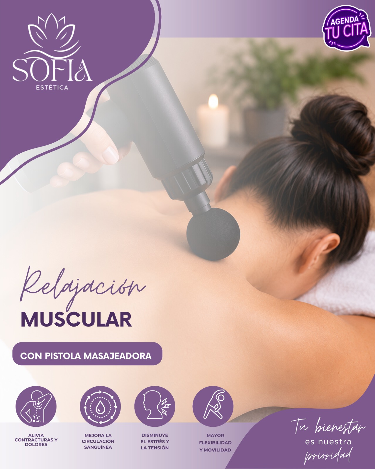 Pieza publicitaria: relajación muscular con pistola masajeadora — Sofía Estética